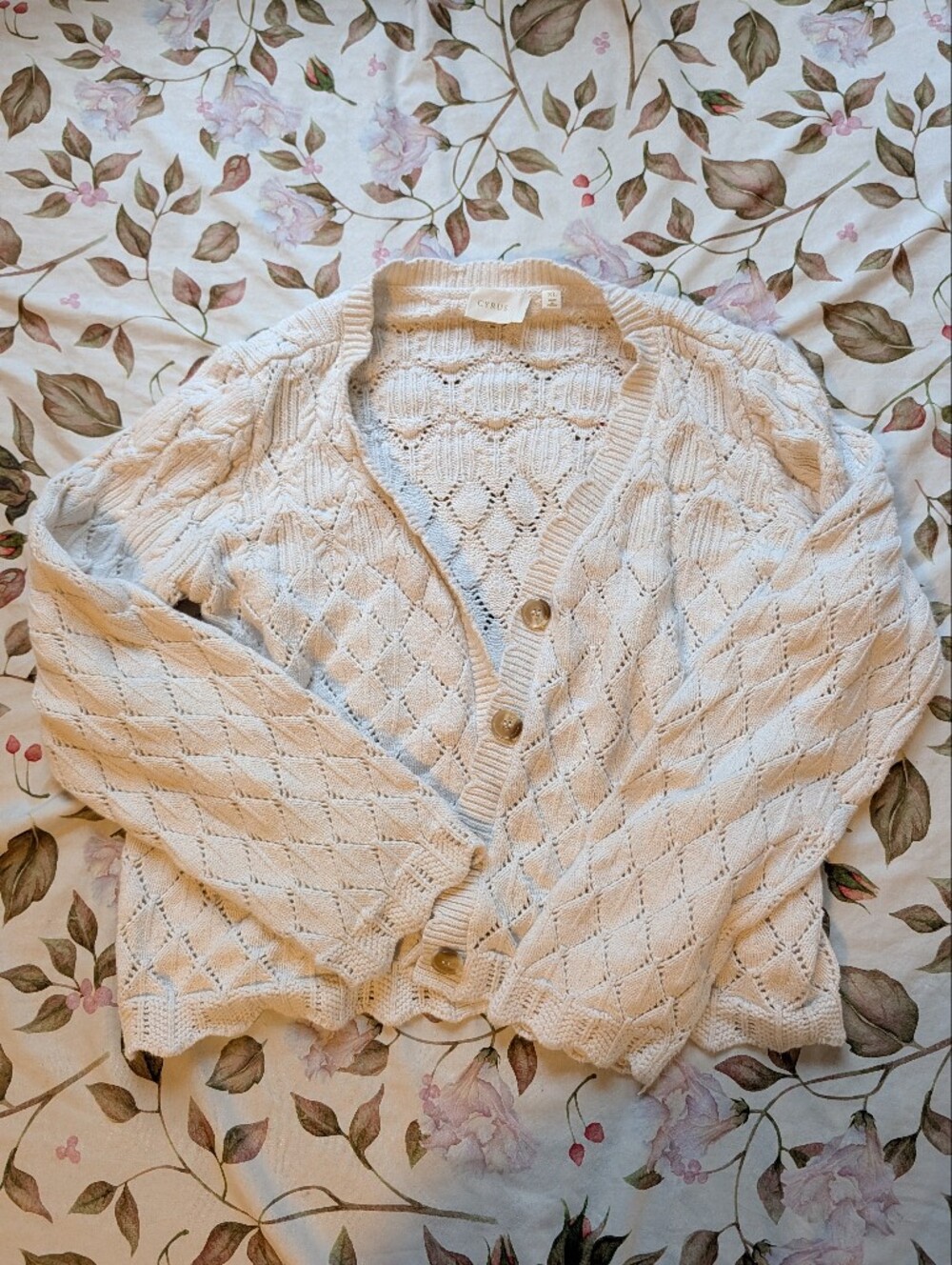 Cyrus Cream Openwork Diamond-Knit Button Cardigan
